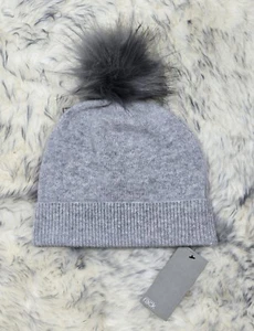 NWT NORDSTROM RACK WOMEN KNIT 100% CASHMERE BEANIE HAT OS FAUX FUR POM-POM GREY - Picture 1 of 4