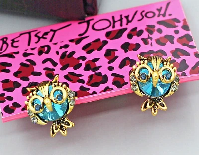 Betsey Johnson Sparkling Crystal Blue Owls Drop Stud Gold Earrings Free Gift Bag - Image 1 of 4