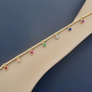 Armband 9 kt Gelbgold mit farbigen Edelsteinen Tropfen Charms Regenbogen UK HM - Bild 1 von 6