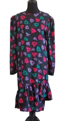 Vestido de Seda R K Originals Usado Negro Geo Estampado Volantes Dobladillo Talla 10 De Colección Años 80 Foto 1 de 4