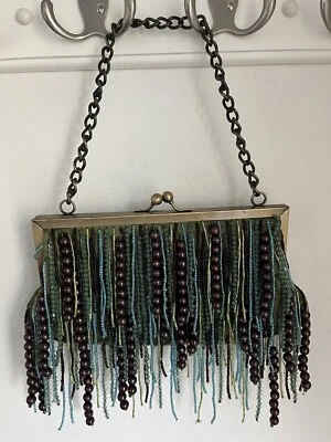 Vintage Steve Madden Green Satin Fringe Bead Bag 8" x 5" Brass Clasp 6" Chain - Image 1 of 4