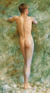 Henry Scott Tuke ""Stehender männlicher Akt"" Brust grün Kunstwerk PAPIER oder LEINWANDDRUCK - Bild 1 von 4