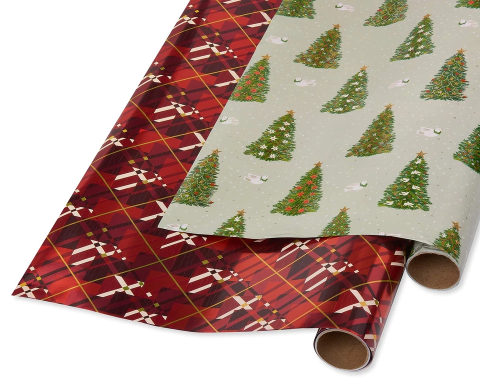Papyrus Holiday Foil Wrapping Paper Red Argyle Pine Trees and Doves 2 Pack