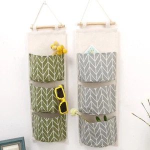 3 Pockets Cotton Linen Wall Door Closet Hanging Storage Bag Clothes Organizer - Picture 1 of 11