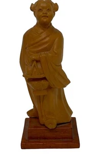 Miniature Hand Carved Wooden Japanese Girl Holding Basket 4.75" - Picture 1 of 5