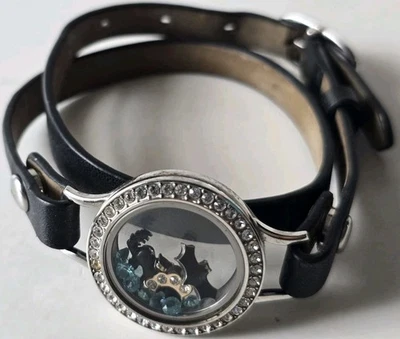 Origami Owl 15” Cuero NEGRO Doble Envoltura Pulsera Medallón PATA DE GATO MURCIÉLAGO HALLOWEEN  Foto 1 de 4