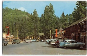 Tarjeta postal vintage de autos del centro comercial KING'S BEACH LAKE TAHOE Roadside años 50 - Imagen 1 de 2