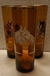 3 Vintage MCM große schmale Tom Collins Bar Tumbler Gläser Pferdekopf Bernstein Goldrand - Bild 1 von 9