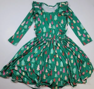 Dot Dot Smile Dress 12/14 Christmas Trees Long Sleeve Ruffle Twirl Dress - Picture 1 of 4