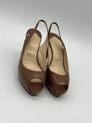 Christian Louboutin Women’s Sz 39 US 8.5 Brown Leather Sling Back Open Toe Shoes - Image 1 of 4