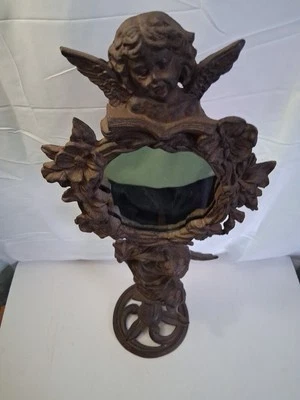 Antique Large Victorian Cast Iron Cherub  Mirror Statue Beautiful  - Image 1 of 4