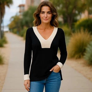 Tory Burch VTG Sweater XL Black Cream V Neck Long Sleeve Cashmere Blend Knit Top - Picture 1 of 10