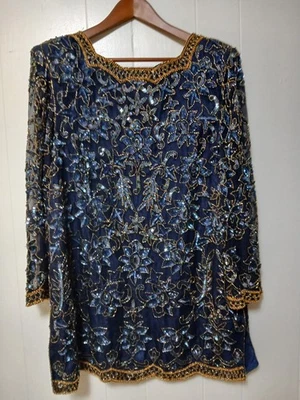 Vestido de seda vintage Nina Couture Top caftán sari cuentas lentejuelas azul oscuro dorado XL Foto 1 de 4