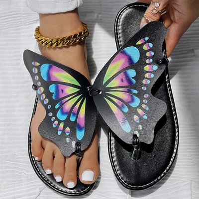 Butterfly Print Round Toe Flip Flops, Comfortable Summer Beach Shoes, Casual Wom - Image 1 of 4