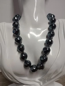 Vintage Silber Ton Grob Kunstperlen Handgeknüpft Halskette Dunkel Glänzend Perlen - Bild 1 von 2