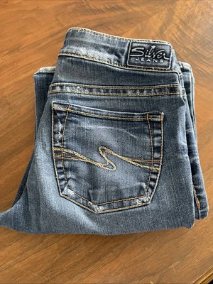 银色牛仔裤女式 Aiko 靴牛仔蓝色牛仔裤 29x31 码 — 第 1/4 张图片