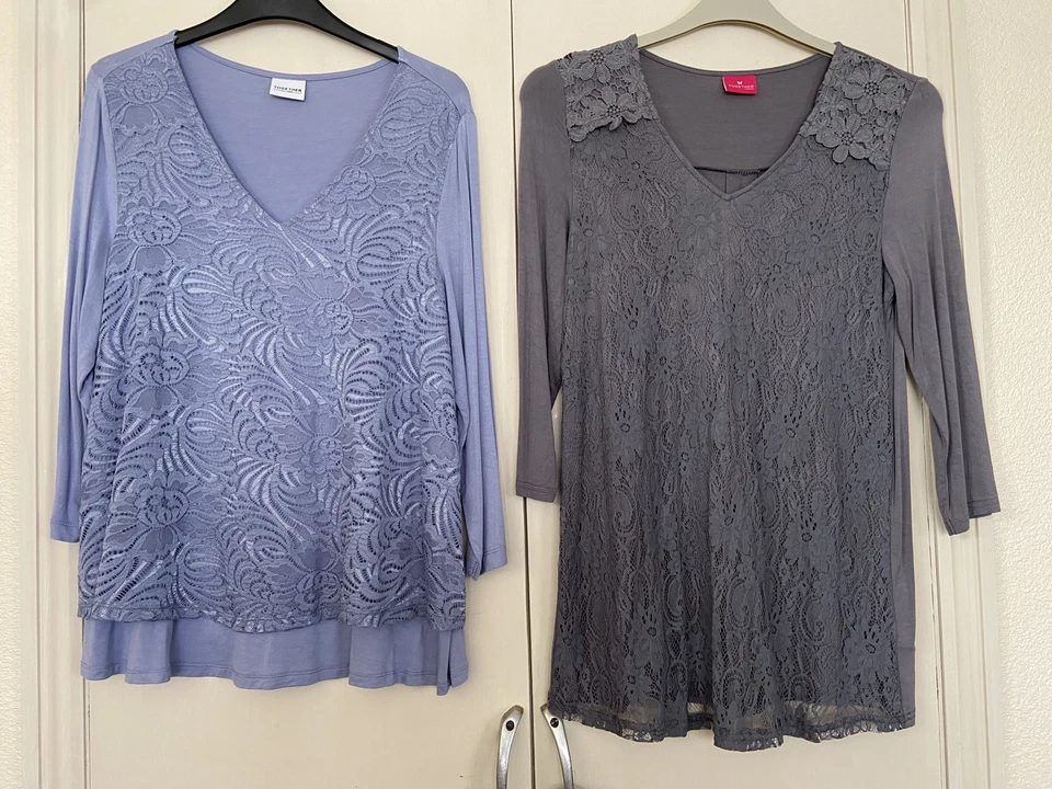 2 Lace Front Tops 3/4 Sleeves Blue & Grey Size 10 - Image 1 of 4