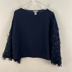 H&M Womens 2 Top Blouse Shirt Blue Pullover Woven Fringe 3/4 Sleeves Crop 6101 - Picture 1 of 8