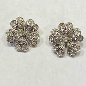 VTG. SIGNED ORA RHODIUM PLATED PASTE STONES FIGURAL HEART FLOWER CLIP EARRINGS - Picture 1 of 12