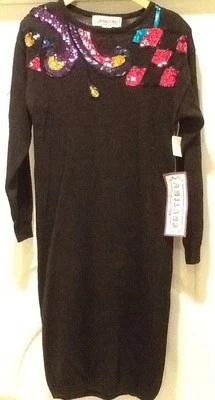 NUEVO CON ETIQUETAS VESTIDO SUÉTER NEGRO VINTAGE COLORIDO CON CUENTAS Y LENTEJUELAS A MANO Mujer S M Foto 1 de 4