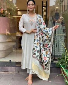 Conjunto Dupatta Pantalón Kurta Viscosa Pura Chanderi Salwar Kameez Mujer Ropa de Fiesta - Imagen 1 de 5
