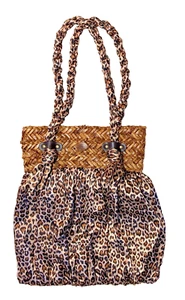 Cappelli Straworld Handtasche Leopardenmuster Satin Stoff und Stroh Boho Sommertasche - Bild 1 von 6