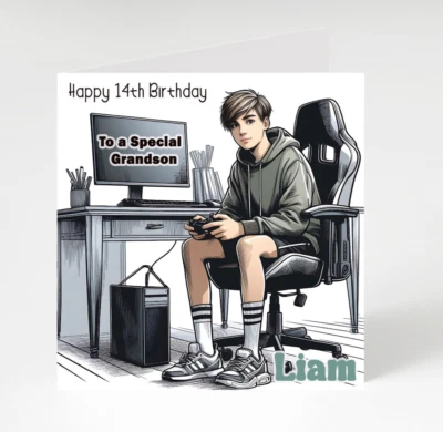 VALERIES PRINT Personalised Teenager Boy Gaming Birthday card, Card for Son Friend Grandson