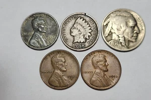 Lote de centavos Indian Head, níquel búfalo, centavo de trigo de acero y dos centavos de trigo - Imagen 1 de 2