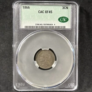 1866 3cN Three Cent Nickel Type Coin Choice Extremely Fine CACG XF 45 CAC - Picture 1 of 4