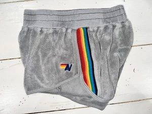 Girls 6 Aviator Nation Gray Terry Rainbow Stripe Shortie Shorts - Picture 1 of 5