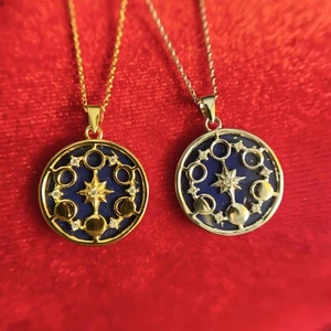 Lapis lazuli Universe Moon Phases Pendant Necklace 925 Sterling Silver N503 - Picture 1 of 13