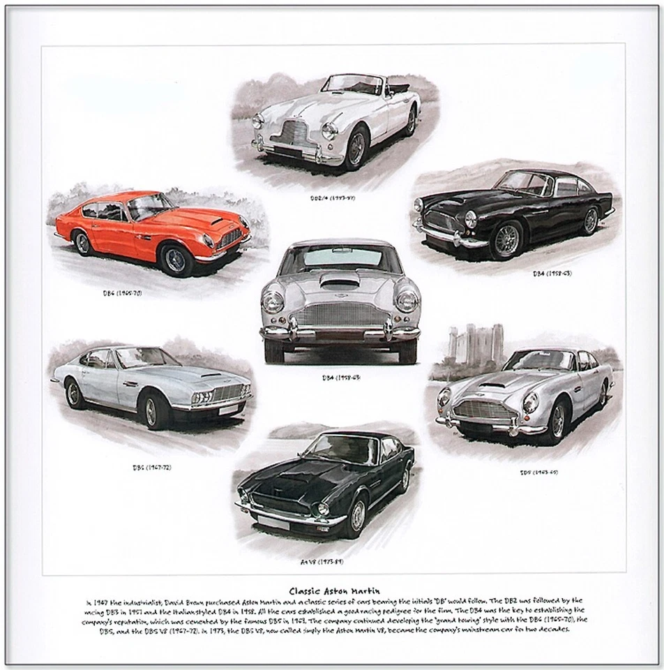 Impresión artística clásica de Aston Martin - Imágenes de modelos DB2/4 DB4 DB5 DB6 DBS y AM V8 Foto 1 de 1