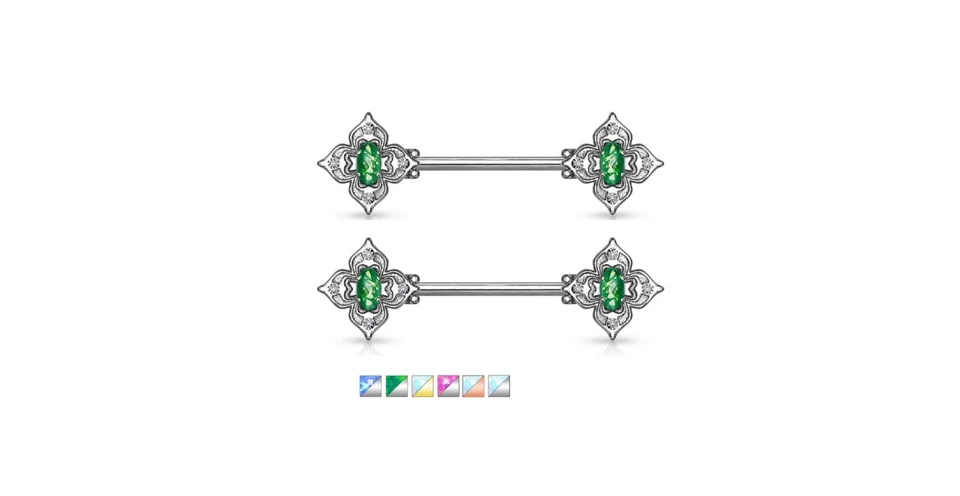 Pair Floral Filigree Square Opal Glitter Center Nipple Barbells Body Jewelry - Image 1 of 1