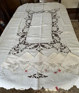 Ecru Linen Madeira Tablecloth & 6 Napkin Set Scalloped Edge Cutwork 79” X 61” - Picture 1 of 14