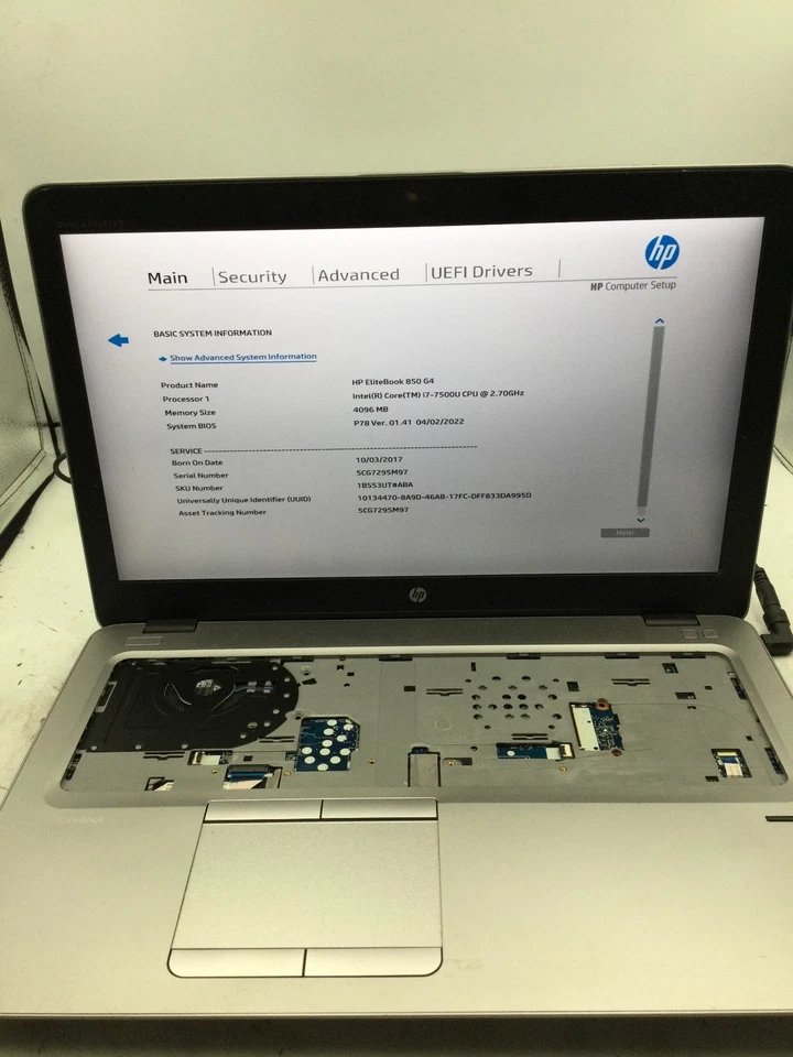 HP ELITEBOOK 850 G4 - BOOTS TO BIOS - INTEL I7 7500 - NO RAM - READ DESCRIP - BB - Image 1 of 4