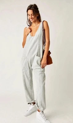 Macacão Free People We The Free tamanho médio listra de giz jeans rolo alto - Imagem 1 de 4