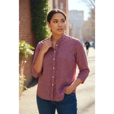 Camisa feminina Tommy Hilfiger xadrez vermelha babado carcela botão para baixo manga longa GG - Imagem 1 de 4