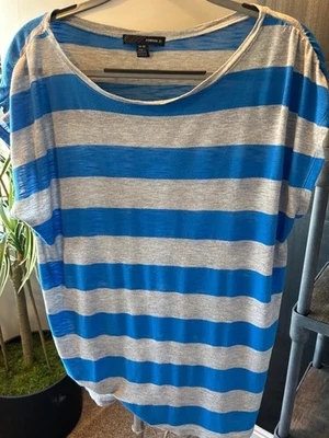 Forever 21 Women's Cap Sleeve Striped T-Shirt Medium Blue+Gray Polyester/Rayon** - Image 1 of 4