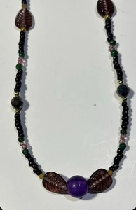 Vintage  Glass Bead Necklace With Purple Glass Leaf Accents 30 “ Long #2020 - Picture 1 of 1