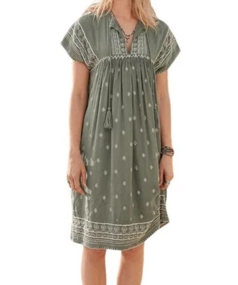 Sundance Aura Embroidered Tunic Dress Size Large Boho Olive Green Festival - Image 1 of 4
