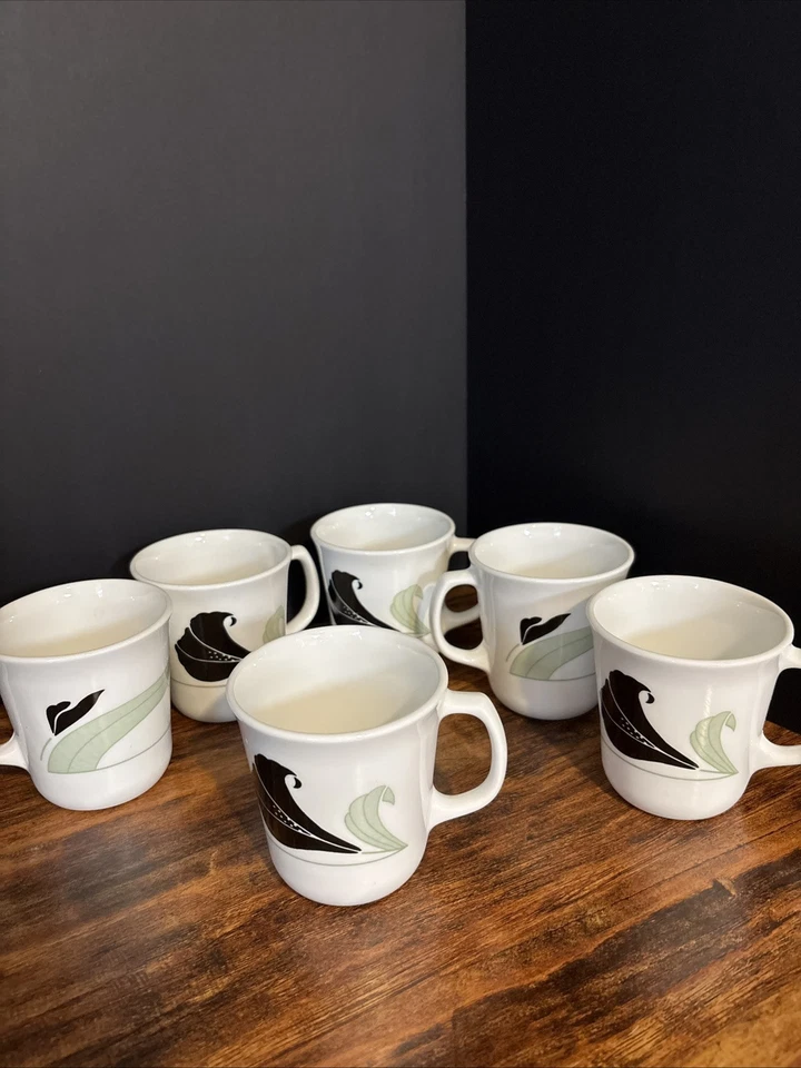 Juego de 6 tazas de café vintage de vidrio blanco Corning Black Orchid CORELLE hechas en EE. UU. Foto 1 de 4