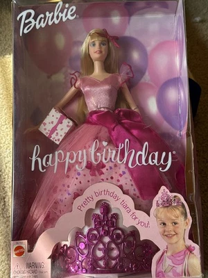 NUEVA MUÑECA Barbie rubia feliz cumpleaños 2002 con tiara princesa rosa caja dañada Foto 1 de 3