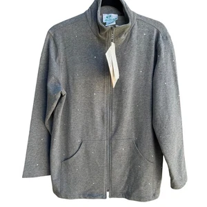 The Quacker Factory Womens Gray Rhinestone Embellished Pocket Zip Jacket New S - Picture 1 of 11