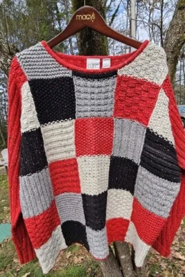 Suéter de malha vintage Villager Sport feminino patchwork tamanho 2X vermelho/preto/cinza - Imagem 1 de 4