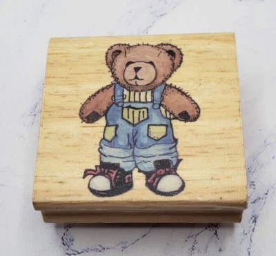 Oso de peluche felpa en mono sello de goma montado en madera Foto 1 de 4