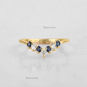 2mm Blue Genuine Sapphire & Natural Diamond Crown Ring 14k Solid Yellow Gold - Picture 1 of 8