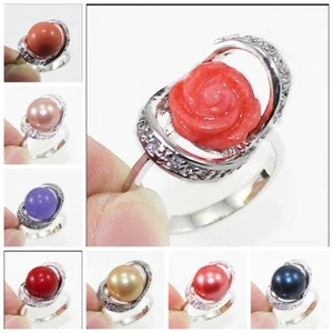 Anillo de joyería con cuentas de perlas/jade/coral con caparazón del Mar del Sur AAA+ talla 6 7 8 9 - Imagen 1 de 17