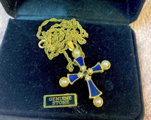 Genuine pearl and Blue sapphire Cross Pendant authentic with 9.5” gold chain - Picture 1 of 5