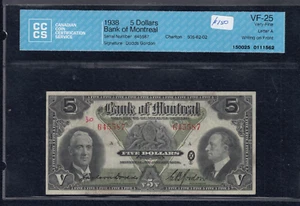 1938 Bank of Montreal $5 - CH 505-62-02 - S/N: 645587/A - CCCS VF-25 *Writing A3 - Picture 1 of 2
