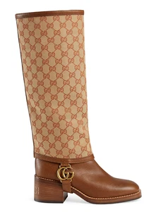 Gucci Lola Beige Monogram Canvas GG Logo Gaiter Riding Heel Knee High Boot 36 - Picture 1 of 12